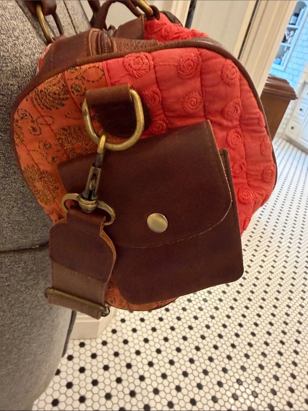 Boho Quilted Red & Orange Shoulder Satchel with Brown Leather Trim